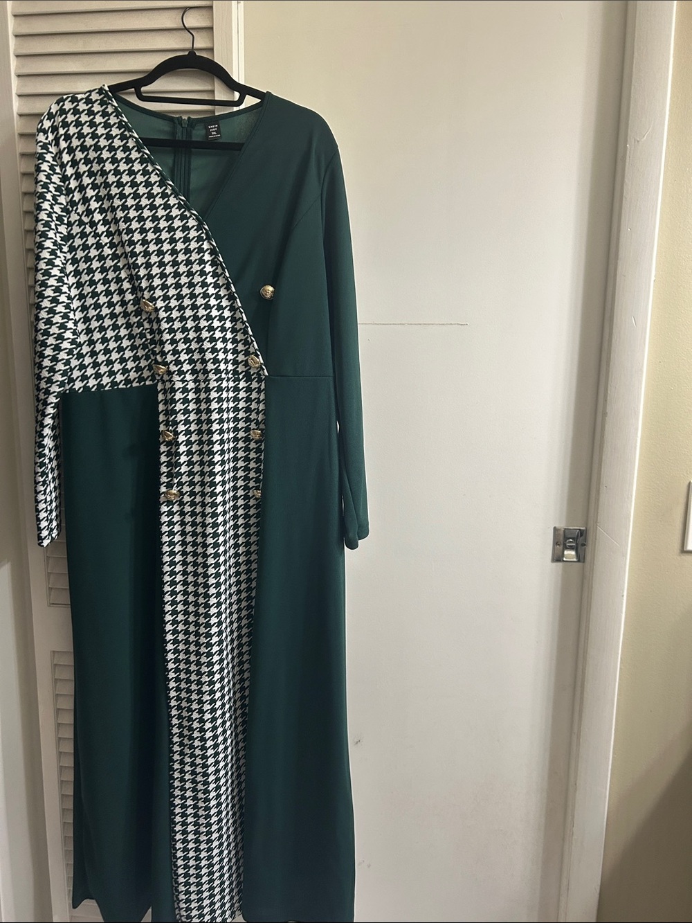 SHEIN Emerald Green Houndstooth Panel Long Sleeve Dress